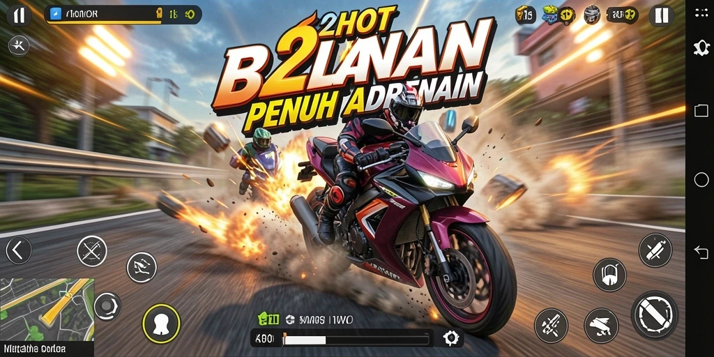Screenshot utama menampilkan aksi balapan motor yang cepat dan menegangkan.
