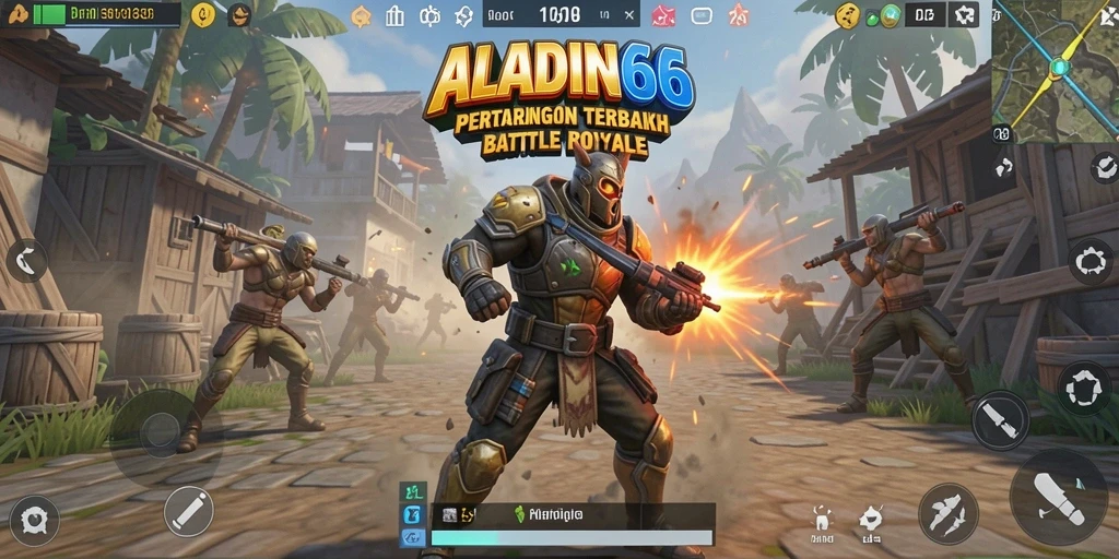 Screenshot utama ALADIN66 menunjukkan aksi seru dalam pertarungan Battle Royale.