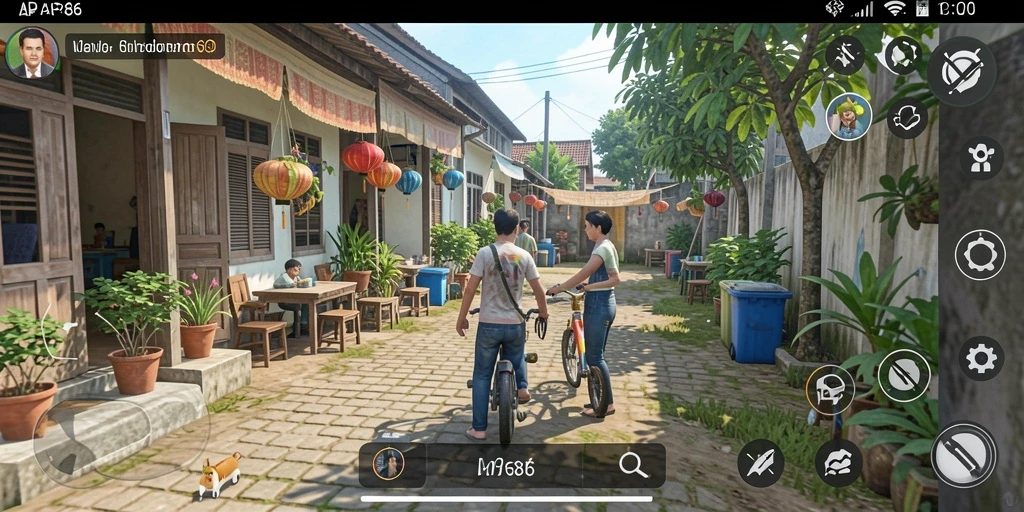 Screenshot utama AP686 menunjukkan karakter menjalani aktivitas sehari-hari dalam simulasi.