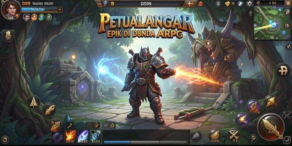 Screenshot gameplay DS99 menampilkan pertempuran epik dengan efek visual menawan.