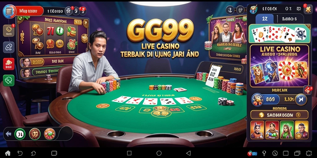 Screenshot gameplay GG99 menampilkan dealer langsung dalam suasana kasino yang menegangkan.
