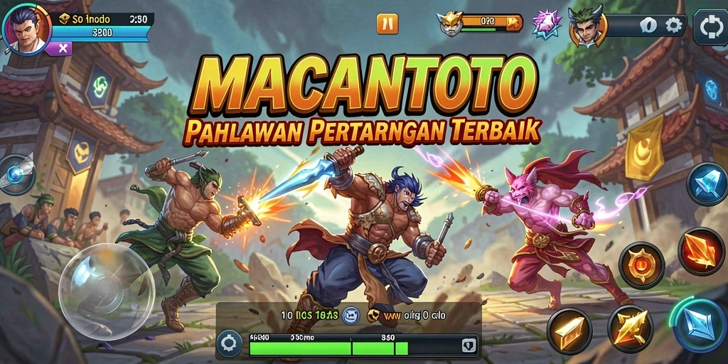 Tampilan gameplay <strong>MACANTOTO</strong> dengan pertarungan seru dan karakter dinamis.
