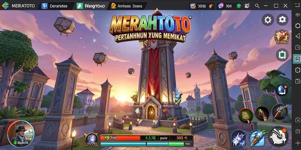 Tampilan gameplay <strong>MERAHTOTO</strong> dengan menara dan musuh yang dinamis.