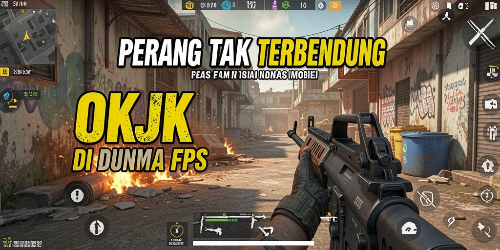 Screenshot utama menampilkan aksi seru dalam gameplay FPS di OKJK.