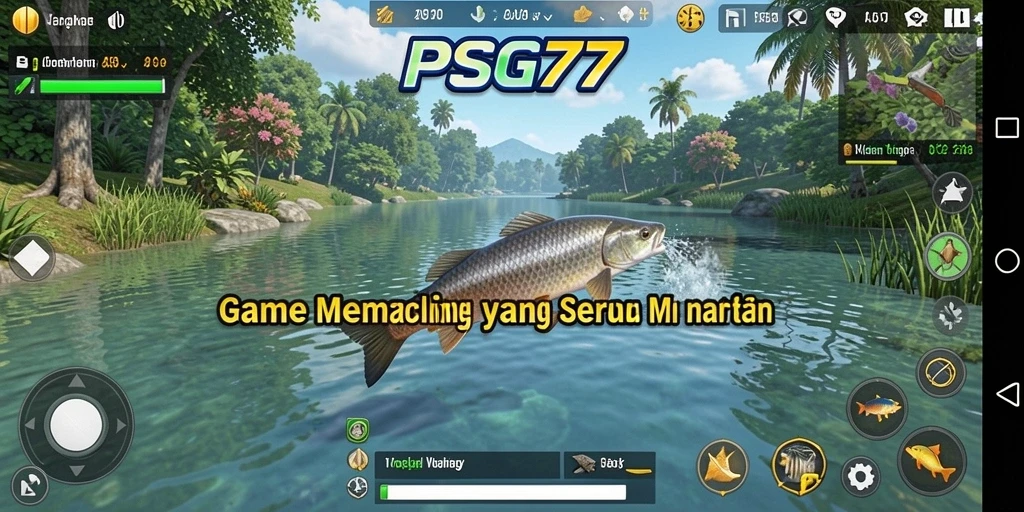 Screenshot PSG77 menampilkan aksi seru saat memancing di danau yang indah.