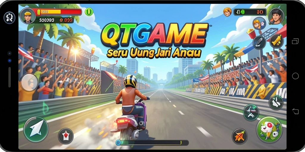 Screenshot gameplay QTGAME yang menampilkan aksi balapan mendebarkan.