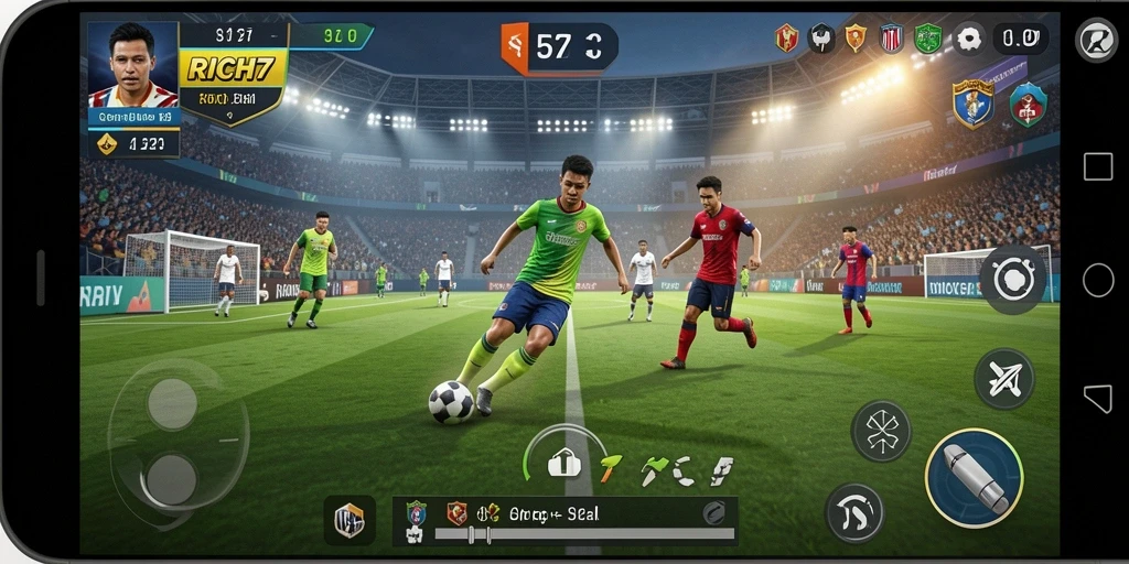Screenshot RICH7 menampilkan aksi mendebarkan di lapangan sepak bola.
