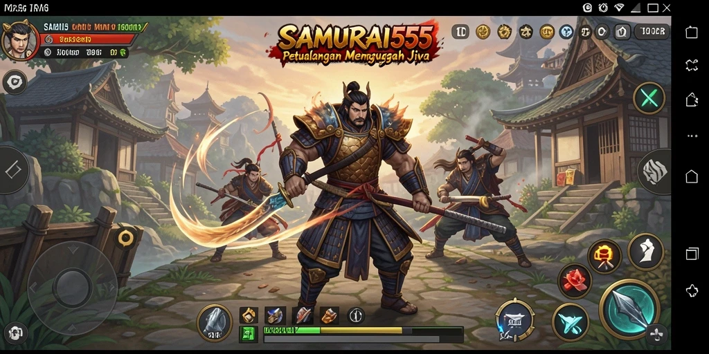 Tampilan gameplay mendebarkan di SAMURAI555 dengan samurai bertarung.
