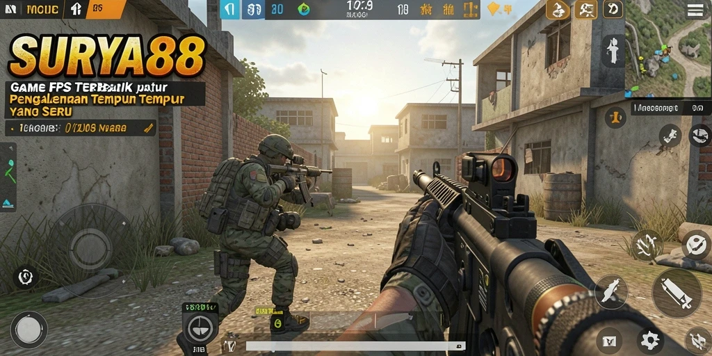 Tampilan gameplay menegangkan dalam SURYA88 dengan aksi tembak-menembak.