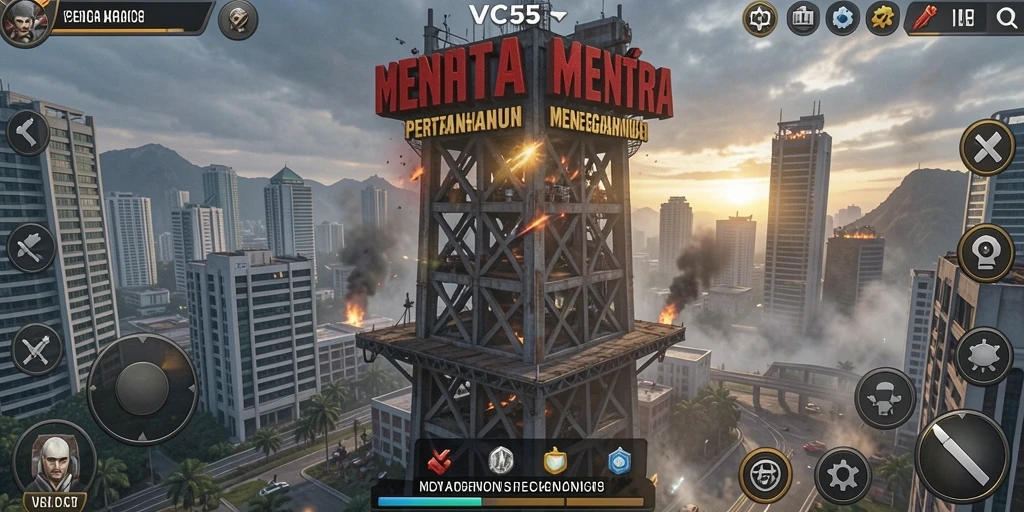 Screenshot dari gameplay VC55 yang menunjukkan aksi menara pertahanan.